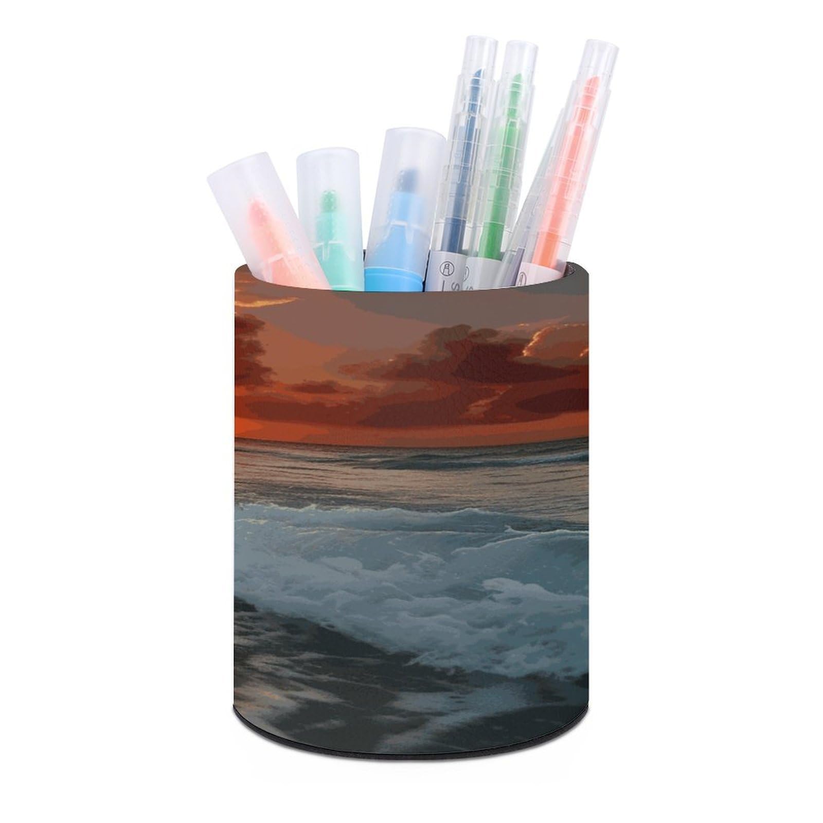 MUSM The Beach Sunset Pen Holder Large Capacity Pen Holder Modern PU Pencil Holders Durable Waterproof Pens Cup for Home Office Desktop Organizer