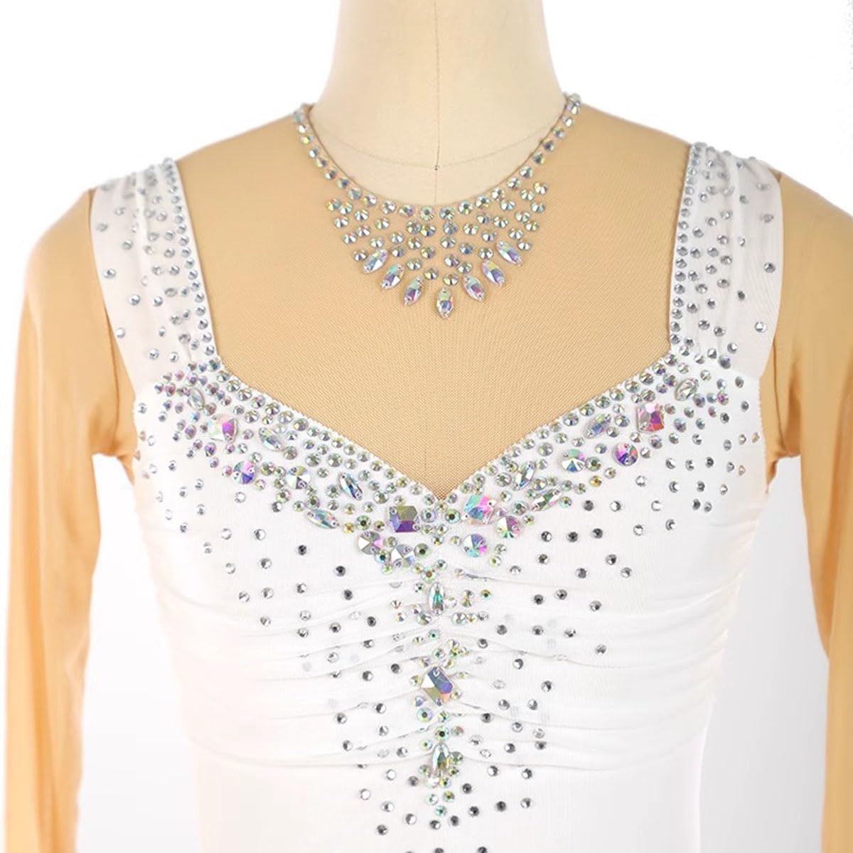 Maillot de Patinaje Artistico para Niña Manga Larga de Danza Ballet con Falda Tul Vestido con Pedrería Vestido de Danza Ballet Mujer Maillot de Gimnasia con Manga Larga,Blanca,M