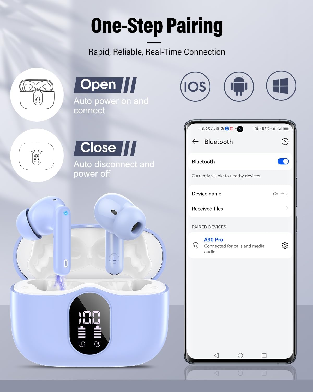Wireless Earbuds, Bluetooth 5.4 Headphones Bass Stereo, Ear Buds with Noise Cancelling Mic, LED Display in Ear Earphones Clear Calls, IP7 Waterproof Bluetooth Earbuds for Laptop/Phones, Pale Blue - Image 5