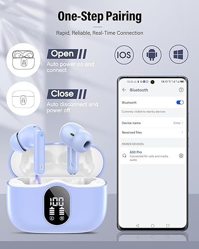 Vista 5 de Auriculares inalámbricos Bluetooth con micrófono con cancelación de ruido, auriculares Bluetooth IP7 impermeables en los oídos, azul pálido