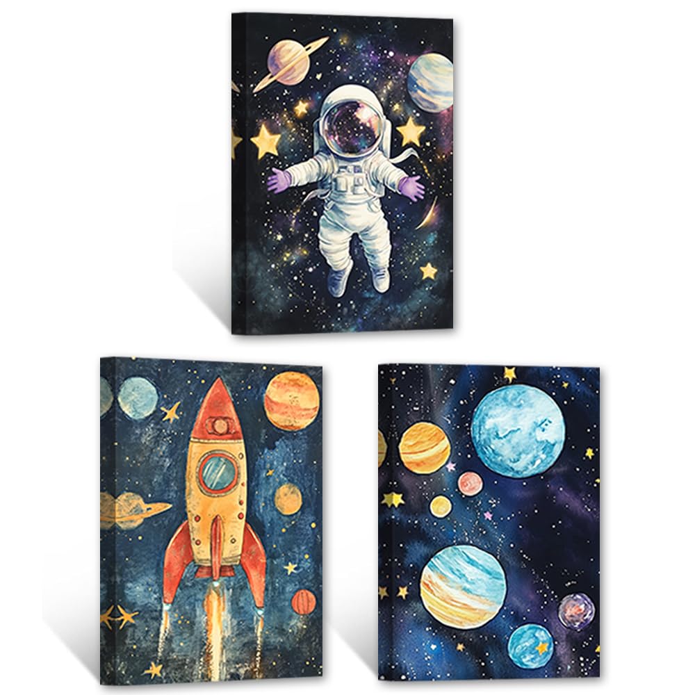 CCWACPP Astronaut Canvas Wall Art Space Nursery Wall Decor 3 Panels Rocket Picture Planet Print Astronaut Artwork Nursery Boys Girls Room Decor Framed (60x90cmx3)