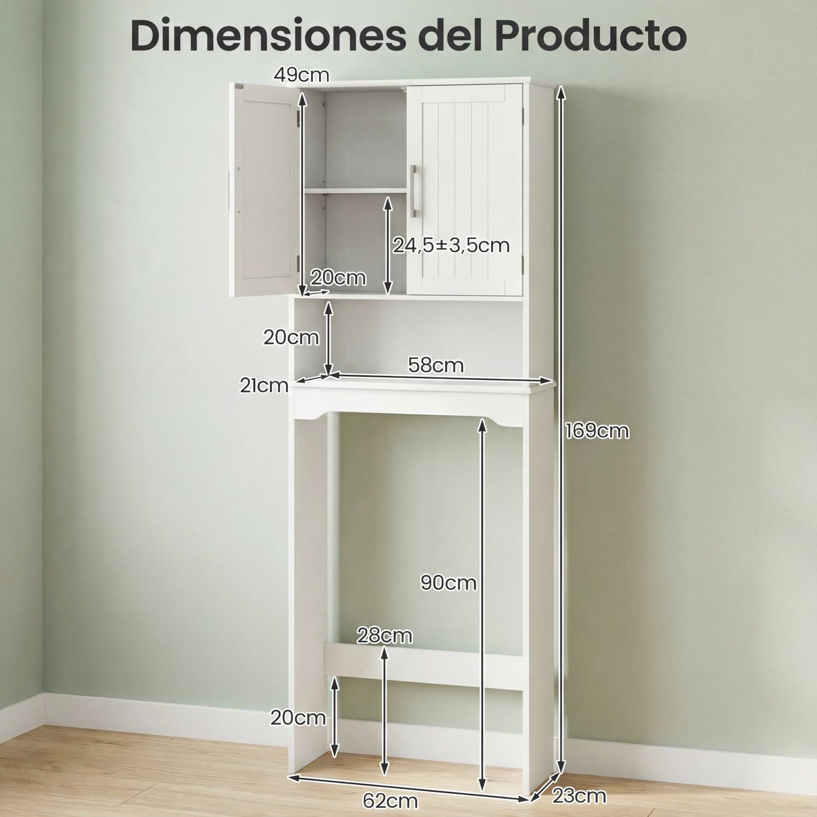 COSTWAY Mueble sobre Inodoro, 2 Puertas, 2 Baldas Regulables y 1 Estante, Armario Lavadora, Mueble Encima WC, 63x23x168 cm, Blanco
