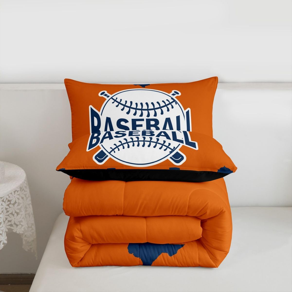 Erosebridal Teens Baseball City Bedding Set Twin Size, Baseball Comforter Set American City Silhouette Quilt Sports Games Bedding Comforter Sets with 1 Pillow Case, Orange Navy Blue