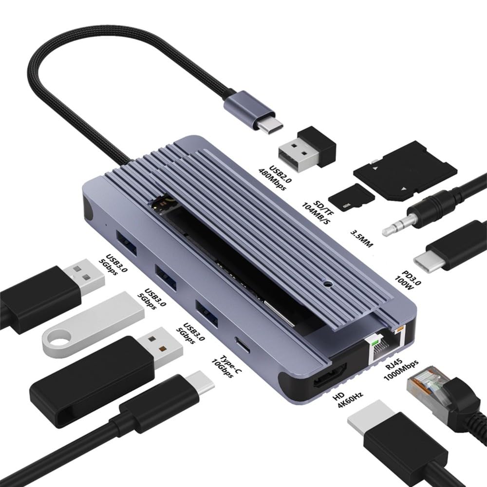 12 w 1 M.2 SSD USB C HUB 12 w 1 SSD USB C HUB stacja dokująca 4K 60Hz/RJ45 1000 Mbps/PD100W/USB3.0 5 Gb/s typ C Hub do laptopa PC