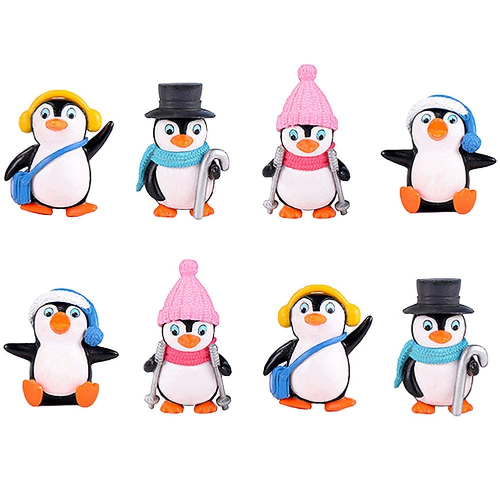 8 Pcs Cute Penguin Figures, Mini Penguin Figurines Collection Playset, Penguin Cake Topper Fairy Garden Party Decoration