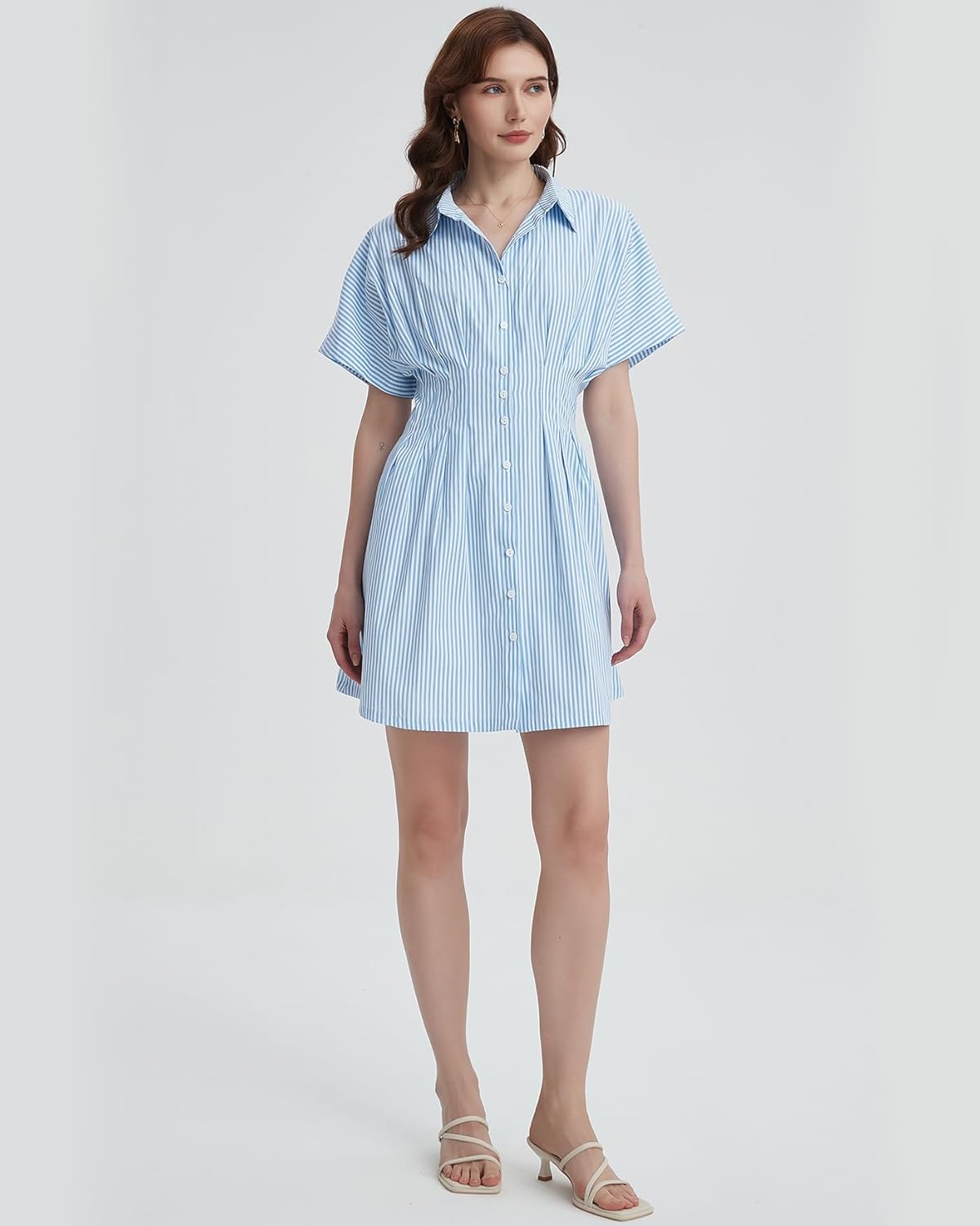 Women's Button Down Pleated Shirt Dress Short Sleeve Corset Waist Striped Summer Causal Mini Dresses - Image 6