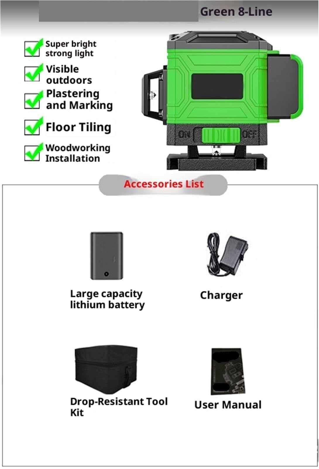 Nivel láser, Nivel Láser 4D, Herramienta De Nivelación Automática 360 ​​°, Máquina Omnidireccional Pared Suelo Con Soporte Trípode 1', 2M, 8/12'/16 Líneas,para carpintería(A,8 lines)