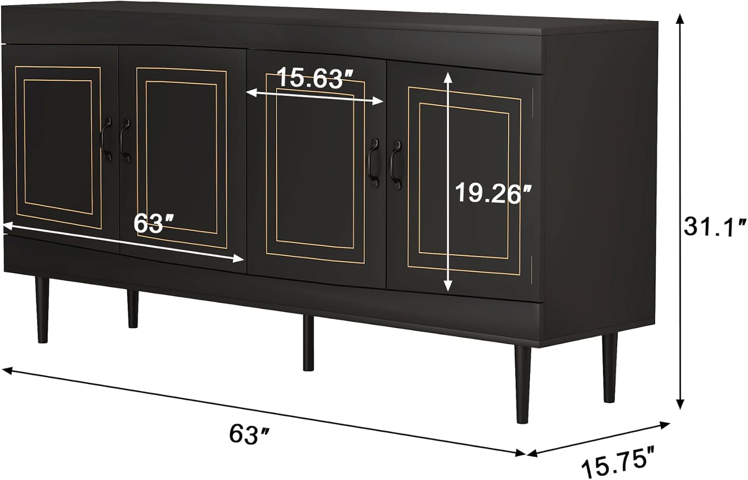 Sideboard Buffet Cabinet, Wooden Storage Cabinet with Adjustable Shelves, Modern 4 Door Console Table for Home Kitchen Living Room Black