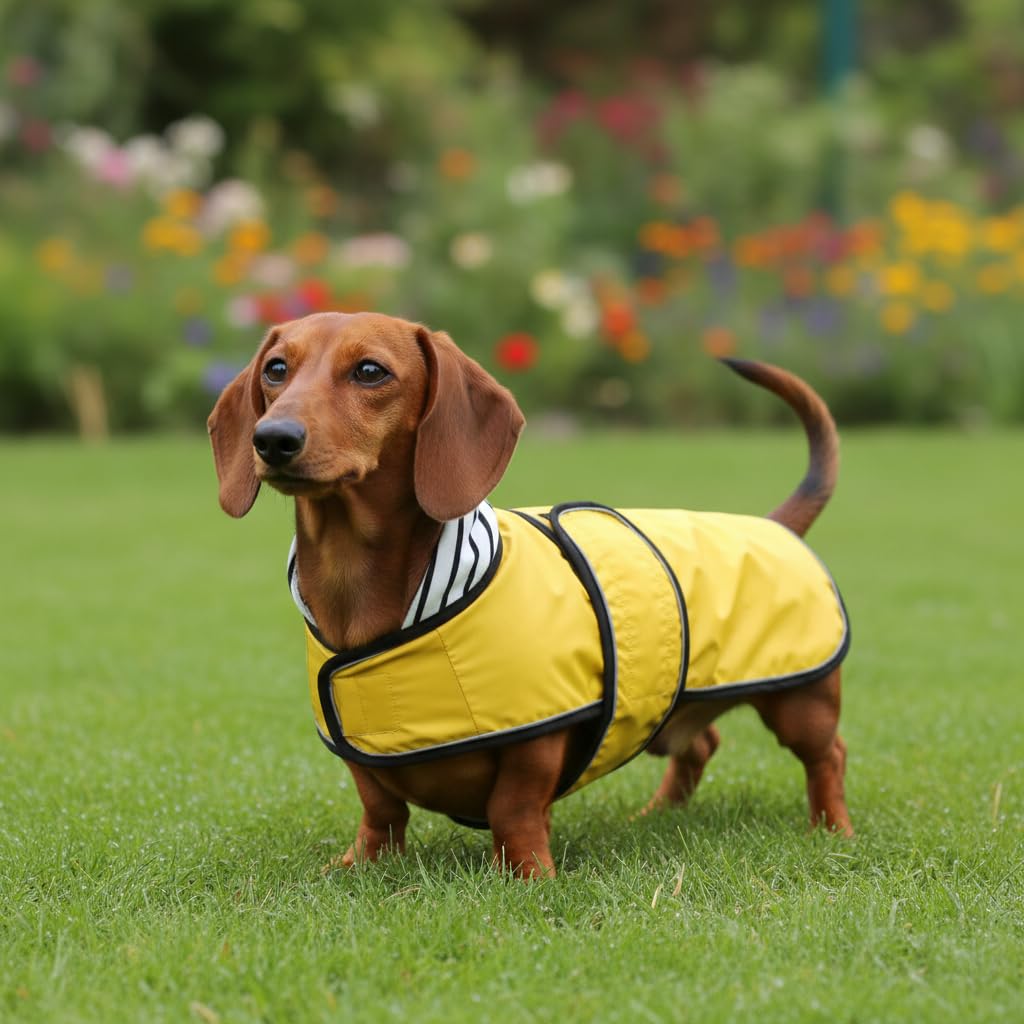 MOREZI Impermeable Elegante para Perros. Impermeable y Resistente a la Lluvia. con Bandas Reflectantes y Correas Ajustables. Adecuado para Perros salchichetes-Amarillo-S