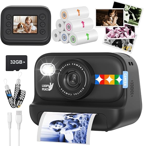 プリントカメラ 子供 インスタントカメラ 4色印刷: 2026年新登場 4800万画素 1080P動画 2.0インチIPS画面 キッズカメラ 感熱紙 32GBメモリーカード ストラップ付き USB充電 トイカメラ 印刷機能付き 3-12歳 女の子 男の子 子供の日 誕生日 クリスマス 新年のプレゼント 日本語取扱説明書 (カラー 感熱紙, ブラック) - 1