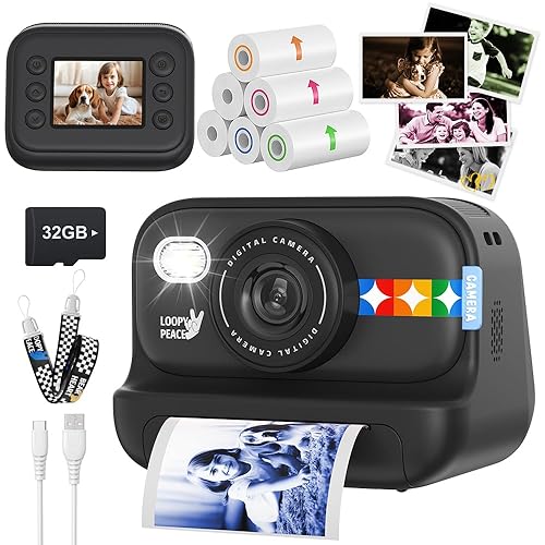 Kids Color Instant Print Camera - Kids Camera with 5 Color Photo Paper, 48MP & 1080P Video, 21 Fun Frames, 32G Card, Christmas/Birthday Gifts for Girls and Boys Ages 3 4 5 6 7 8 9 10 11 12 - Black