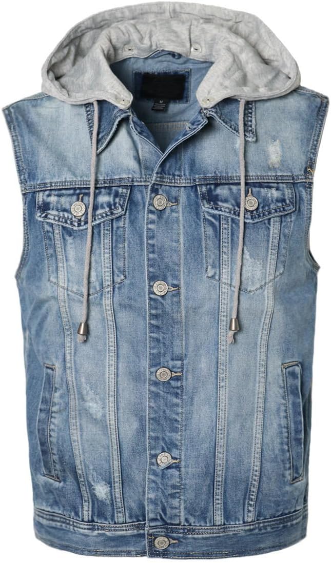 URBANJ Men's Hooded Denim Vest Sleeveless Jean Jacket