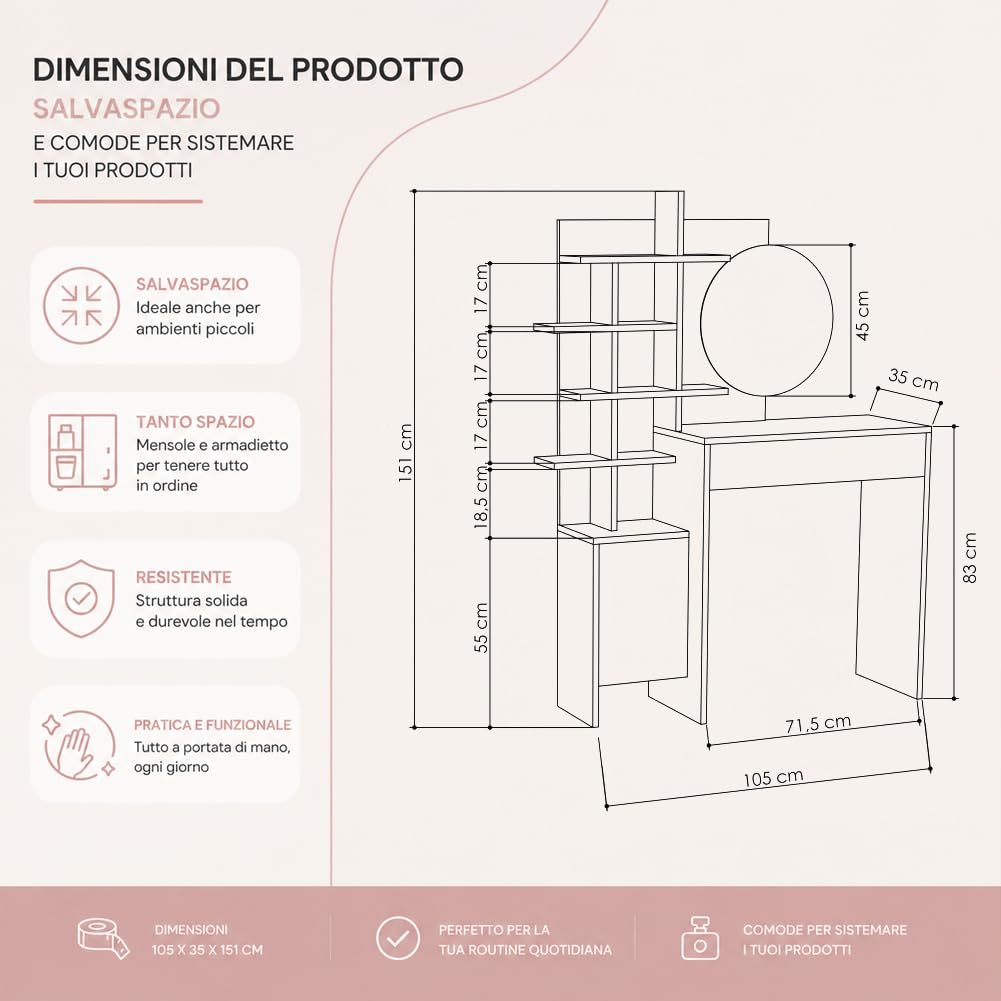 Shally Dogan Toletta Trucco con Specchio Rotondo e Mensole, Postazione Make Up Salvaspazio con Struttura in Legno Resistente, Ideale per Camera da Letto 105 x 35 x 151 cm (Sabbia)