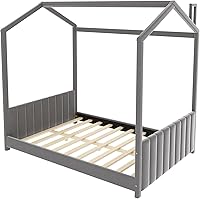 Vista 6 de Cama de terciopelo tamaño matrimonial para niños y niñas, diseño de casa de juegos, plataforma tapizada, base de cama con cabecera de tiras, soporte