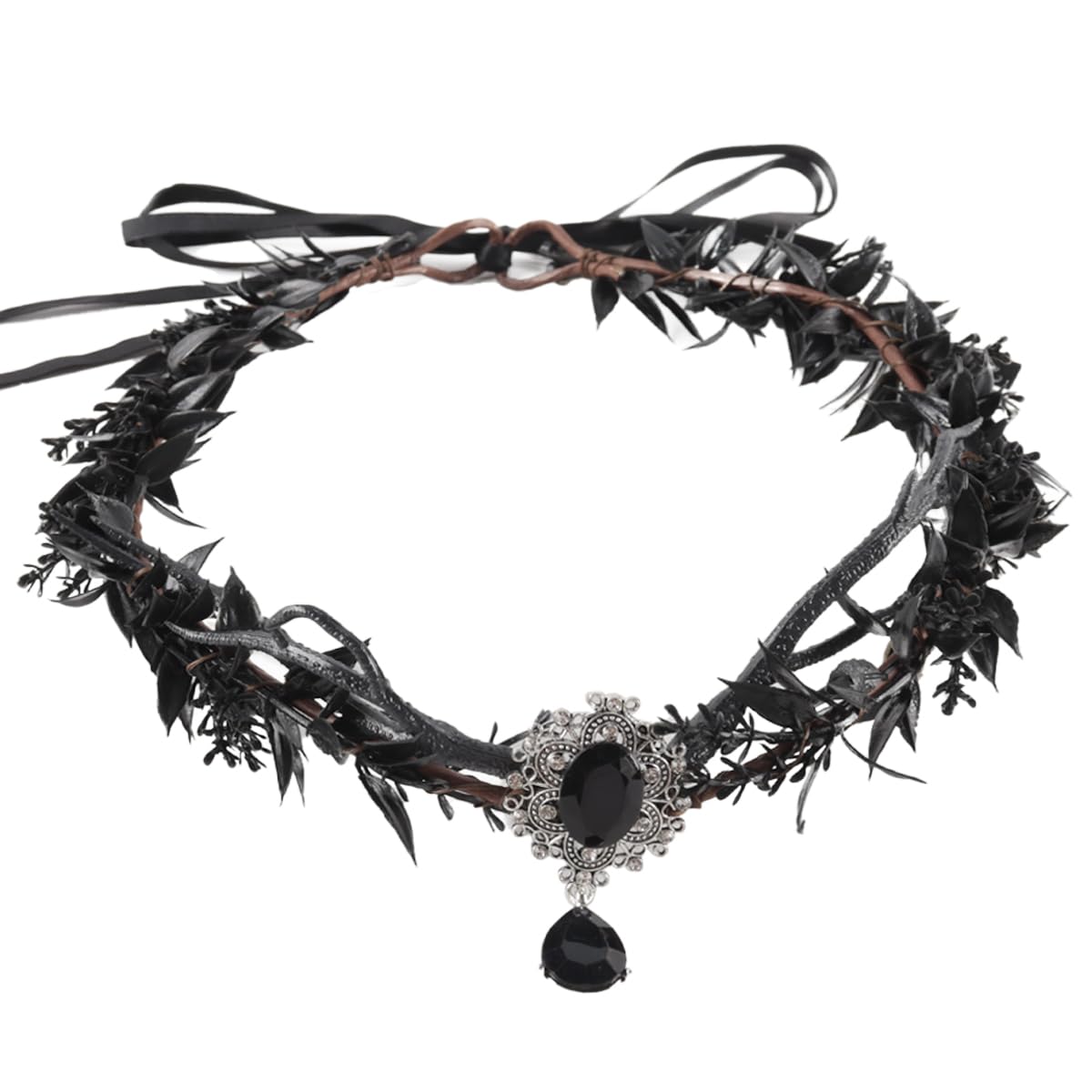 Enwye Handmade Black Flower Crown - Gothic Adjustable Antlers Tiara Witch Headband Dark Fairy Headpiece with Rhinestones