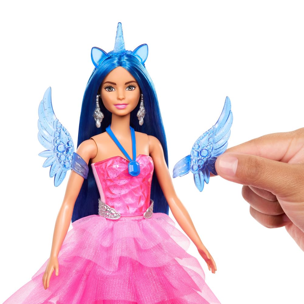 Barbie Sapphire Skrzydlaty jednorożec Lalka 65 rocznica z niebieskimi włosami, różową suknią i akcesoriami, takimi jak szafirowe skrzydełka i jednorożec ze skrzydłami, HRR16