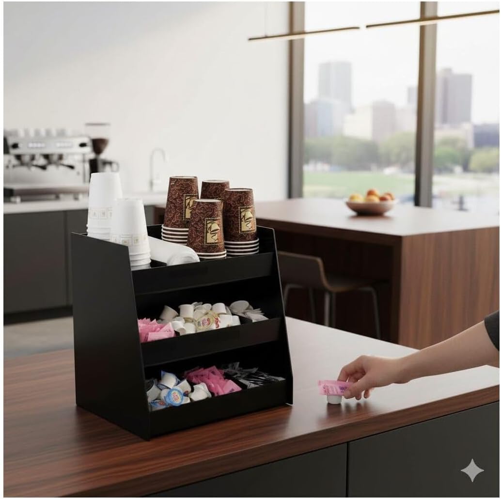 Vertical Condiment Organizer, 3 Shelves, 9 Compartments, Black Finish, Tiered Shelf, Kitchen Room Type, 15.5 x 13 x 16 inches, Countertop Mounting Type