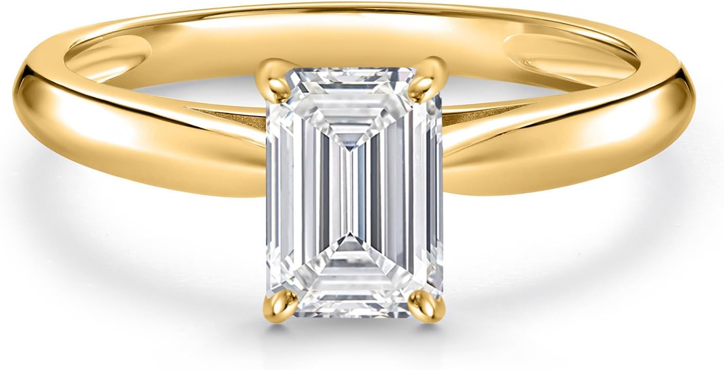 Gem Stone King 10K Yellow Gold Lab Grown Diamond Engagement Ring For Women | 0.65 Cttw | Emerald Cut 6X4MM | Gemstone April Birthstone | DEF Color | VVS-VS Clarity