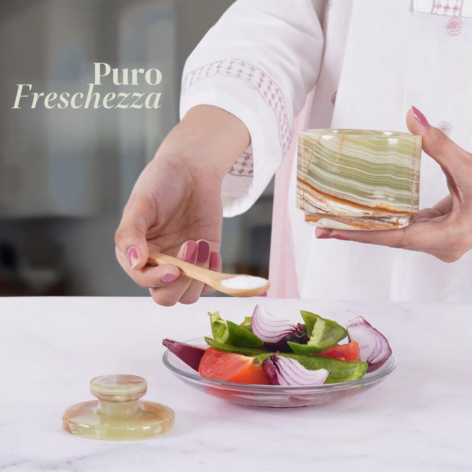 MARBLOUS KRAFTS Elegante distributore di zucchero in marmo da 99,2 g, contenitore per sale e decorazione in marmo, 7,6 x 7,6 cm, decorazione da cucina e sale e pepe, dispenser di sale (onice verde)