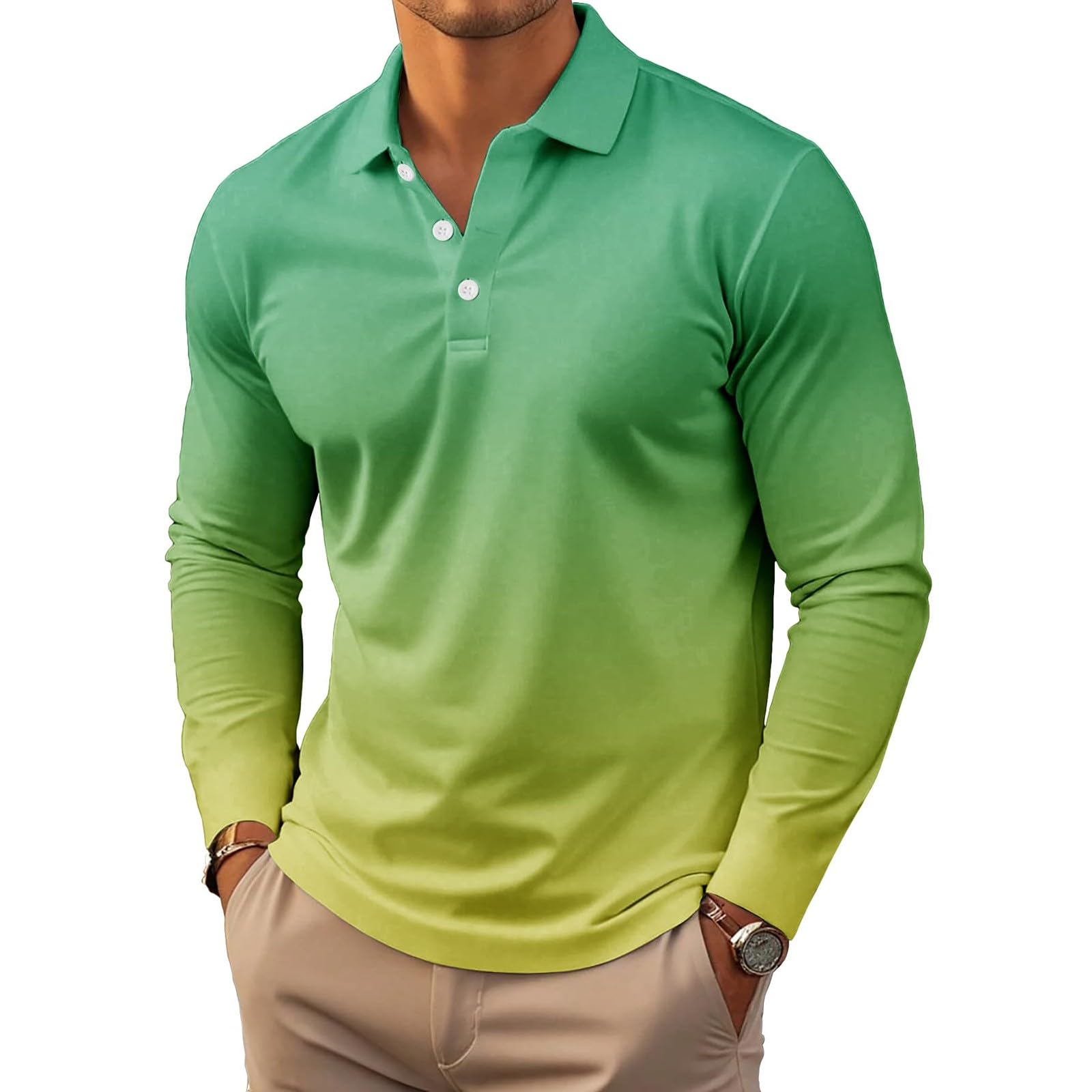 Generico Polo Uomo Manica Lunga a Colore Sfumato Ombré, Colletto Abbottonato Leggero, Modello Raffinato Adatto per Il Golf, Tennis e uscite quotidiane(1A-Green, M)