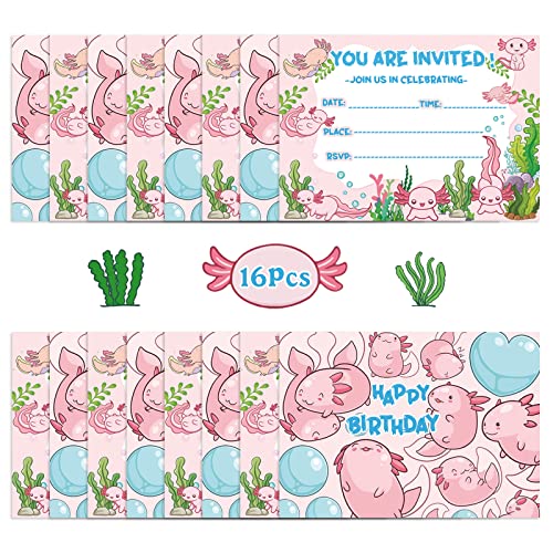 Olse Axolotl Birthday Invitation Cards 16Pcs Animal Anime Postcard Styles 5X7 Inches Invitations With Axolotl Graffiti Birthday Party Invite Card Supplies For Children #TOP3