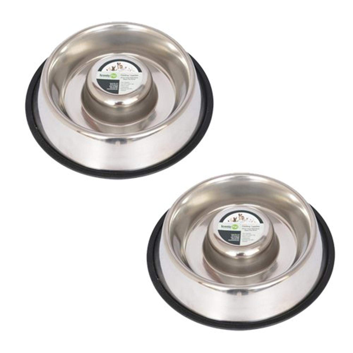 Iconic PetSet of 2 Stainless Steel Anti-Skid Slow Feed Pet Bowl for Dogs, Small, 12 oz