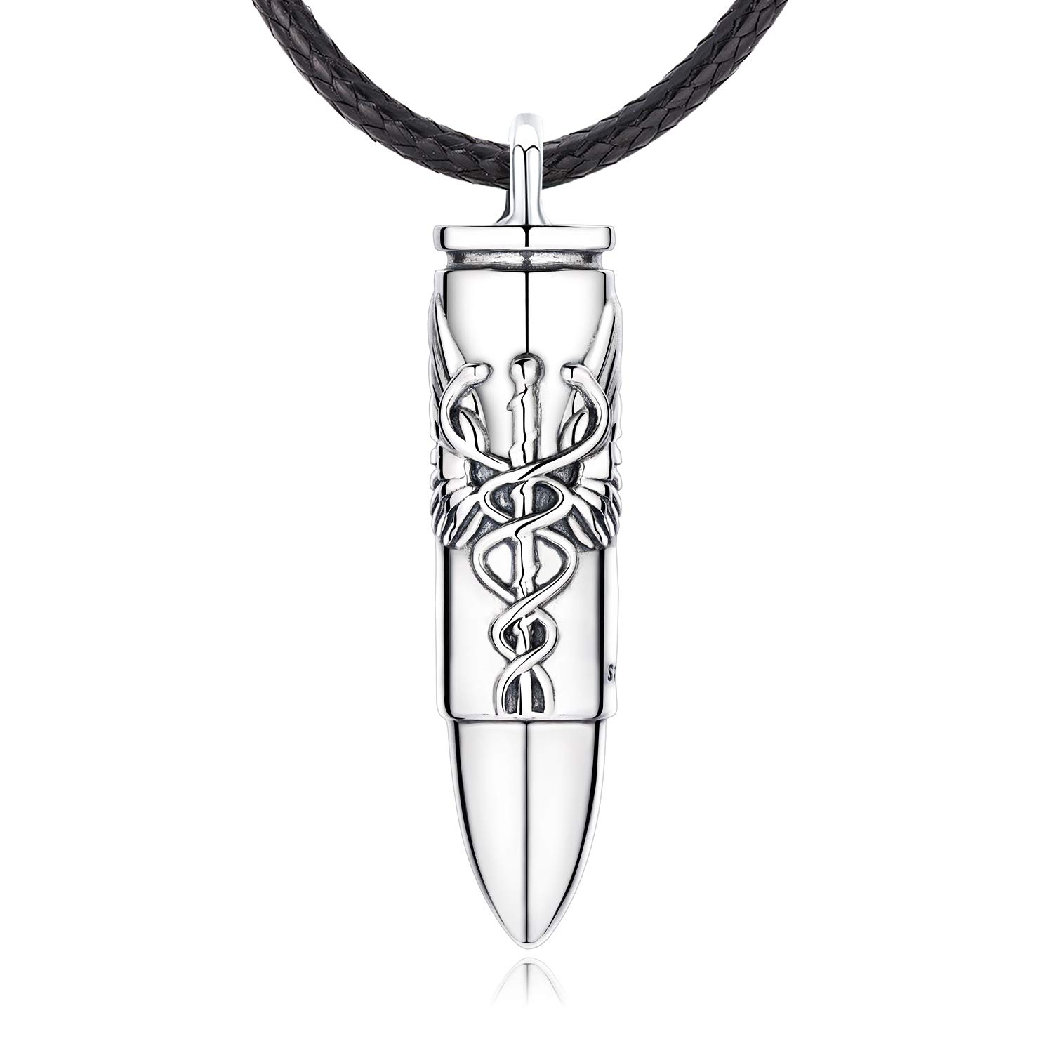 FriggemFrrigem Urn Necklace for Ashes, 925 Sterling Silver Bullet Memorial Cremation Jewellery for Men, Caduceus Angel Necklace Pendant Protection Jewellery Gift