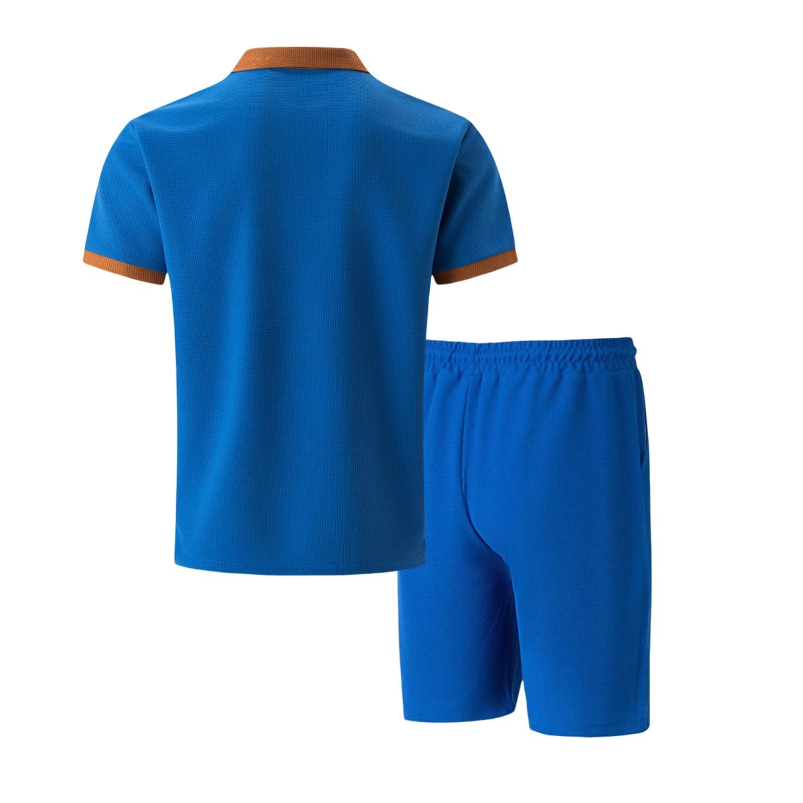 Tuta da uomo per il tempo libero, estiva, 2 pezzi, con colletto a maniche corte e pantaloni corti, tinta unita, elegante, per business, jogging, fitness, palestra