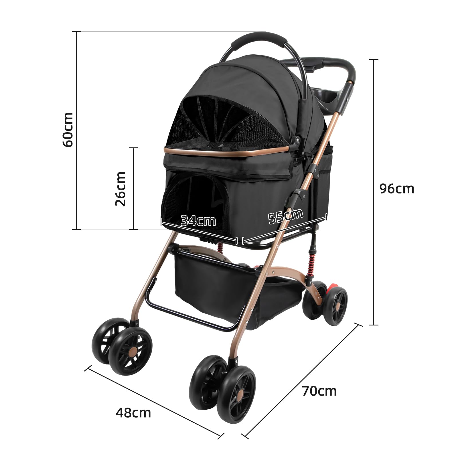 Hundewagen 3 in 1 Faltbarer Hundebuggy, Hundewagen, Kinderwagen für kleine Hunde, Katzen, Abnehmbarer Korb, Tragbarer Kinderwagen, Netzfenster, Oxfordstoff, Bis 20kg (Schwarz)