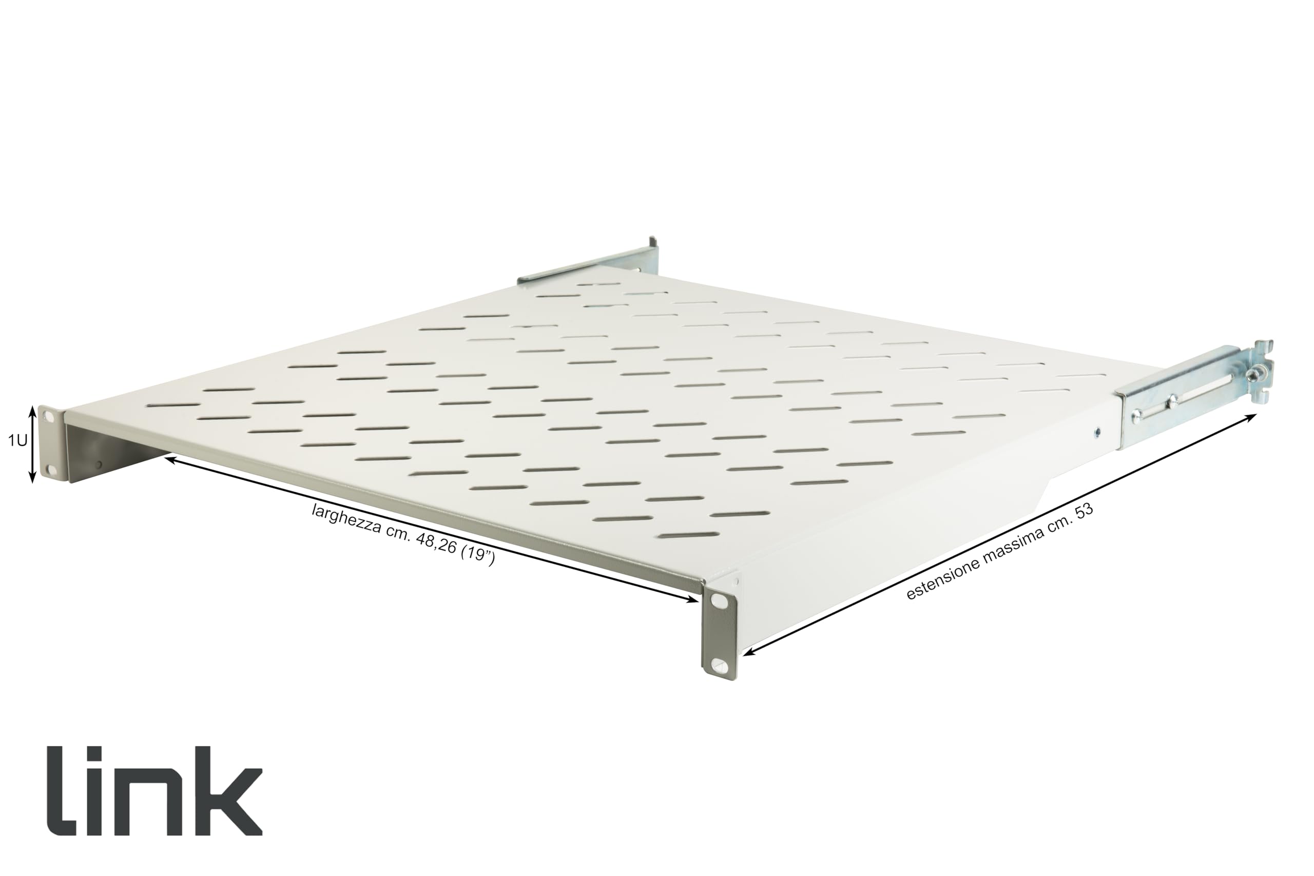 Link LKRIP450L - Ripiano in acciaio per armadio rack 19" universale (profondità 45-55 cm, grigio chiaro RAL7035) – 4 agganci frontali e posteriori – Portata 50 kg e superficie traforata per aerazione