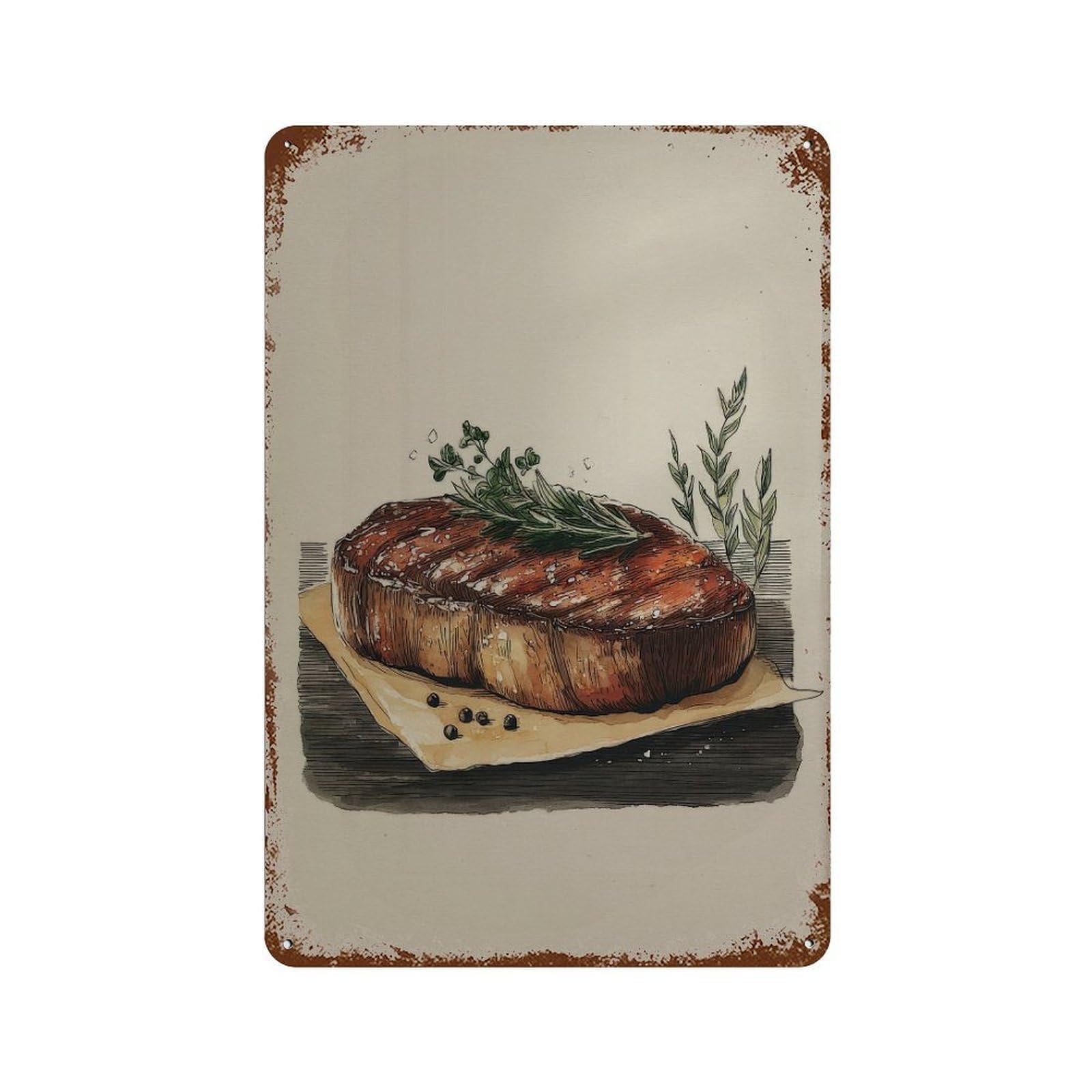 xiaoxiaoshen Food Handdrawn Steak Illustration on Matte Paper Wall Decor Art Metal Tin Poster Modern Home Decor Art Home Bar Shop Decorations Vintage Sign 30x20cm