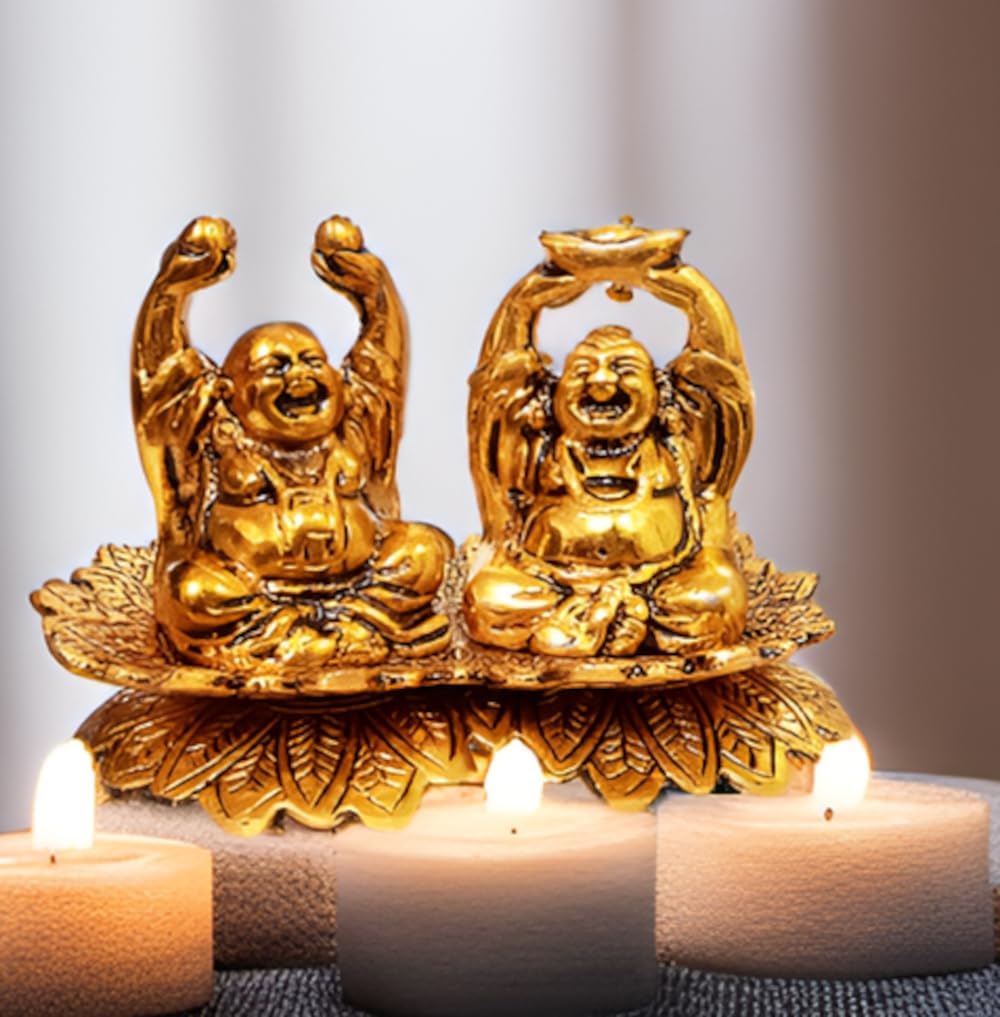 Purpledip Metal Laughing Buddha Statue Set: Depiction of Enlightenment & Prosperity (12358)