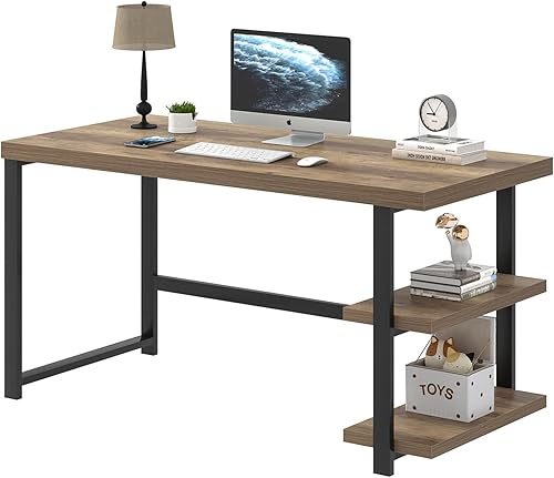 Miniatura 8 de FOLUBAN Escritorio para computadora, escritorio de oficina en casa de madera y metal con estantes de almacenamiento, pequeña mesa de escritura de