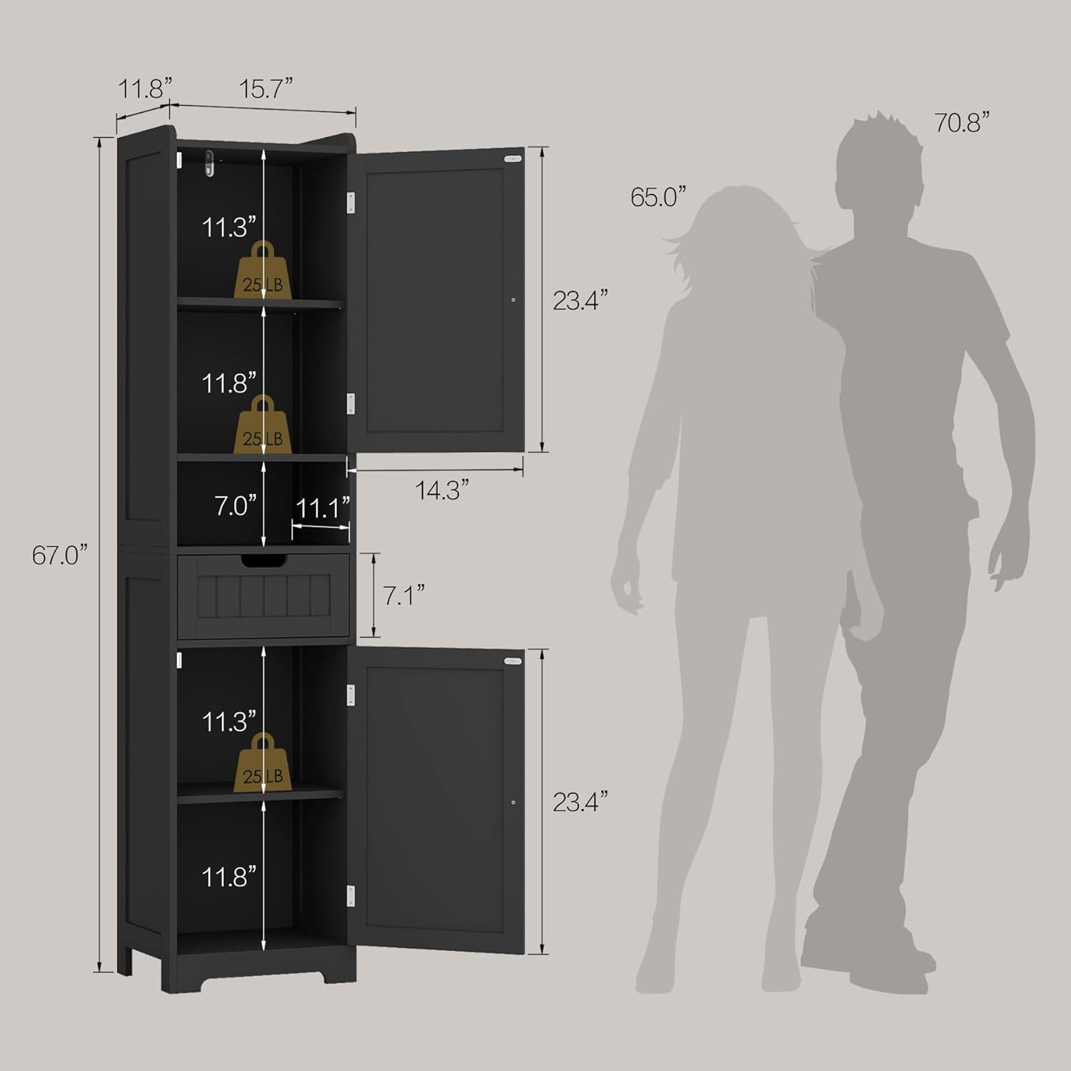 TidyHaven Tall Bathroom Storage Cabinet, 67" Narrow Storage Cabinet with Adjustable Shelves 2 Doors and 1 Drawers Modern Cabinet for Bathroom, Entryway, Kitchen (Black, Large)