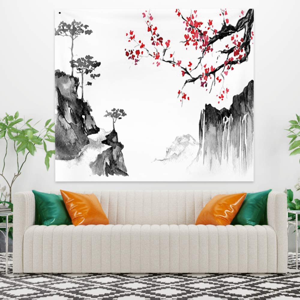 Amazon.co.jp: タペストリー 和風 水墨画 中国風 岩と花日本 和柄 吊り