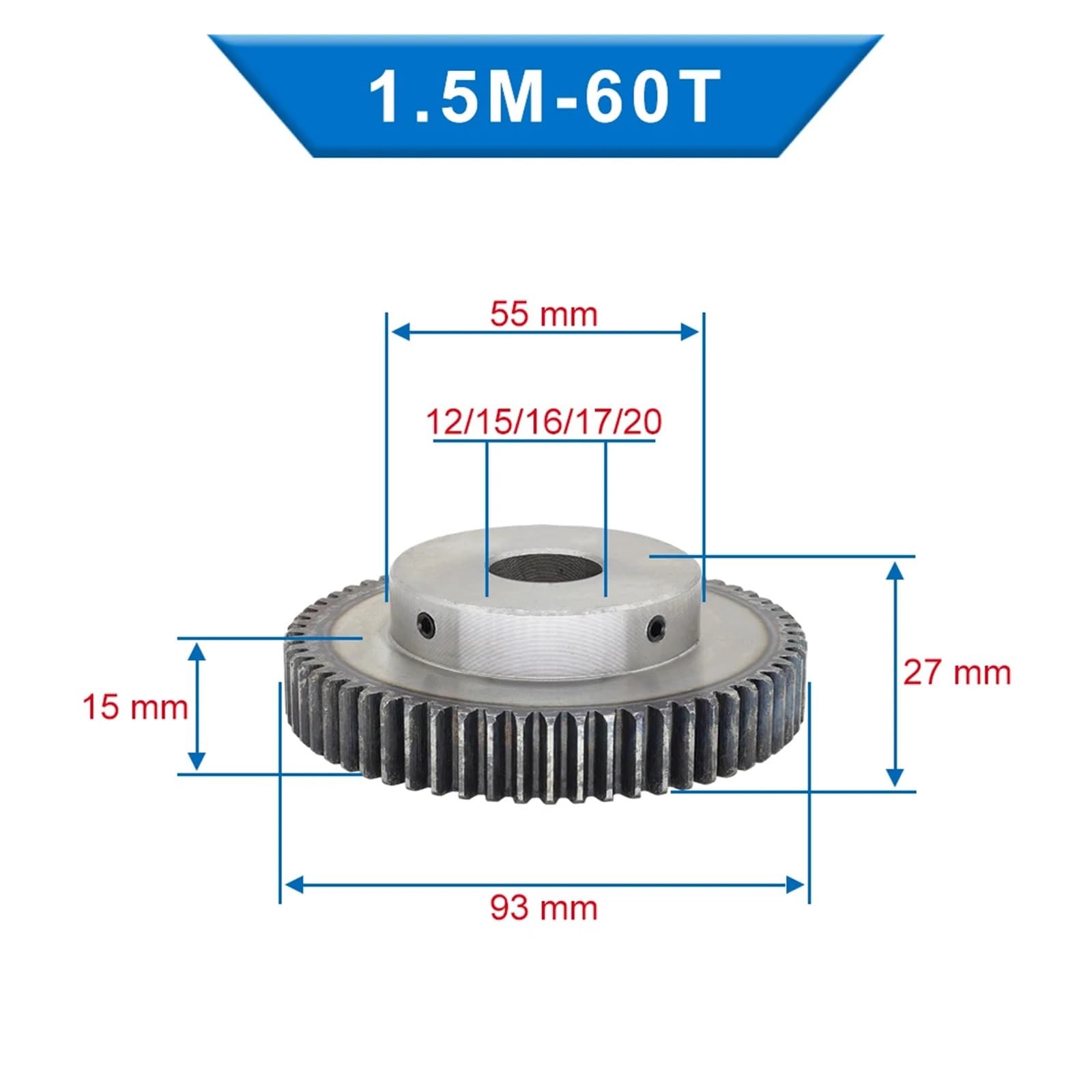 1 sztuka 1,5M60T średnica otworu koła czołowego 12/15/16/17/20 mm Zębatka z materiału ze stali miękkiej (20 x 6 x 2,8 mm)