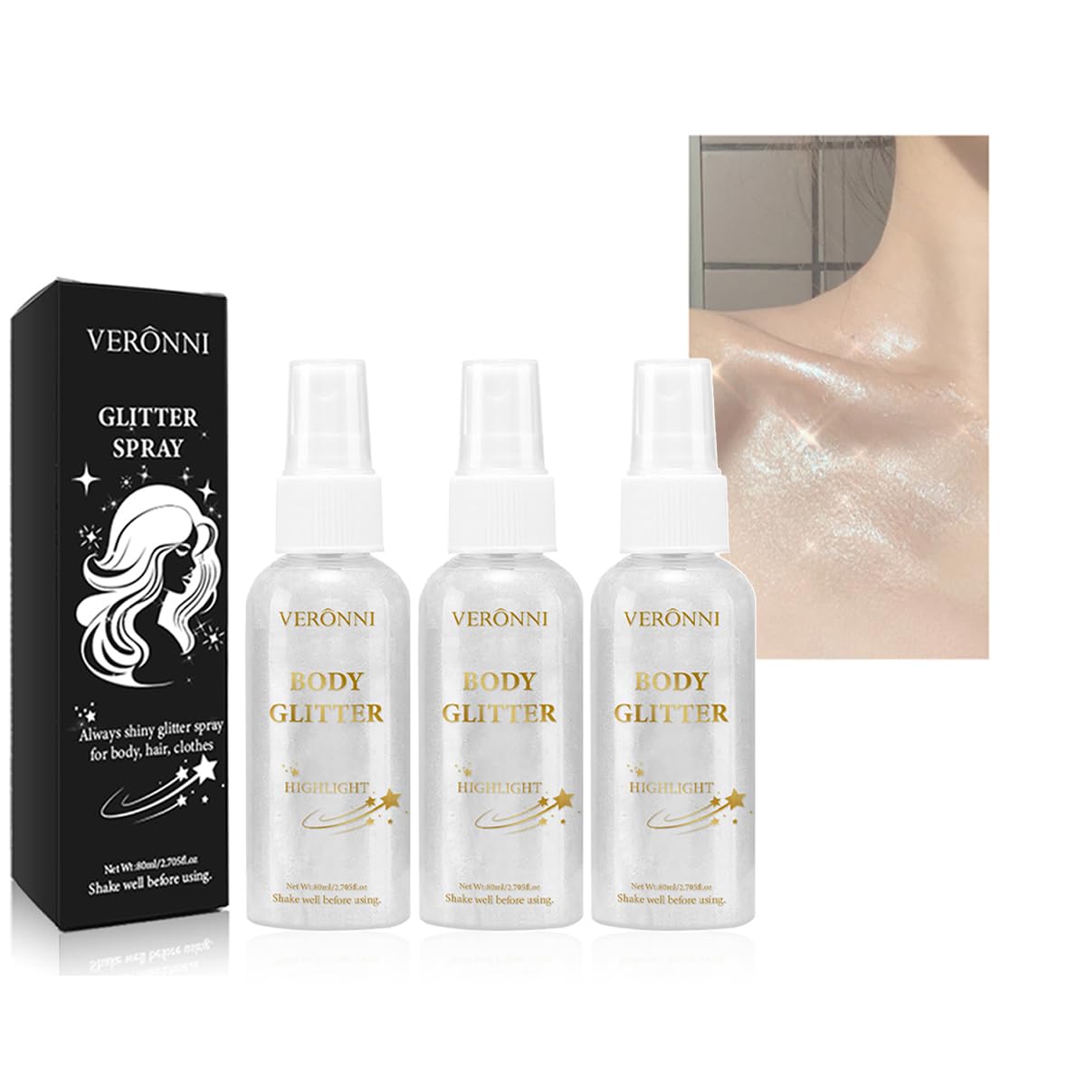 3Pcs Body Glitter Spray, Silver-white Body Shimmer Spray Sparkle Powder for Face Hair Body, Long Lasting and Quick-Drying Highlight Glitter for Wedding, Party, Stage, Music Festival and Daily Makeup