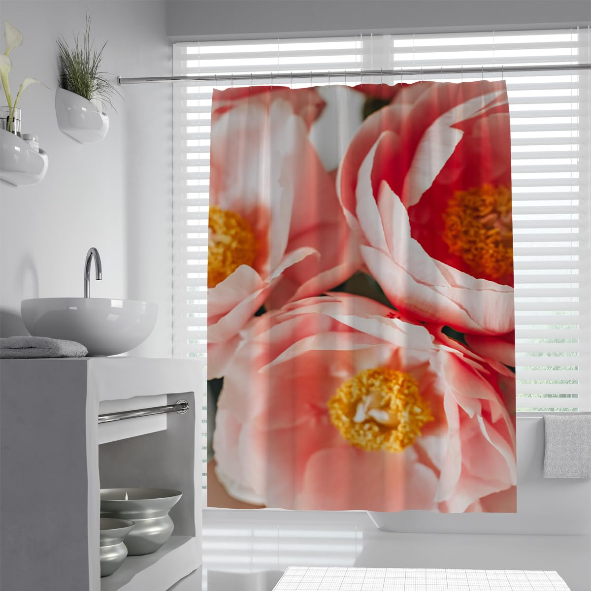 UIRINGART Coral Peony Blossom Shower Curtain W180xL180cm Exotic Camellia Floral Bouquet Waterproof Quick Dry Bathtub Screen with Hooks