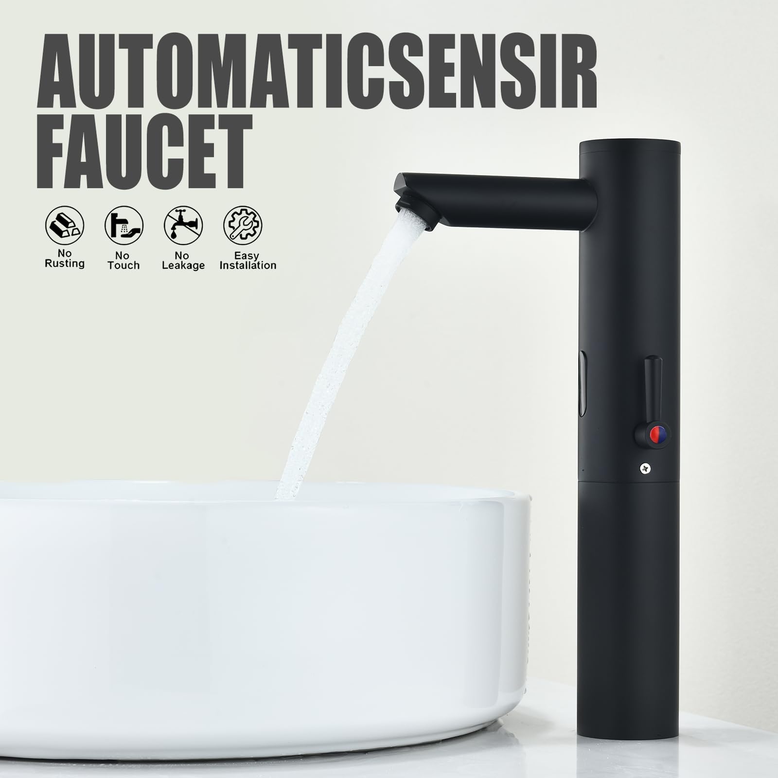 Automatischer, berührungsloser Waschbeckenarmatur, Sensor, bewegungsaktiviert, No-Touch-Messing-Wasserhahn mit einstellbarem Temperaturkontrollgriff für Zuhause, Waschtisch, Gewerbe und Büro (hoch