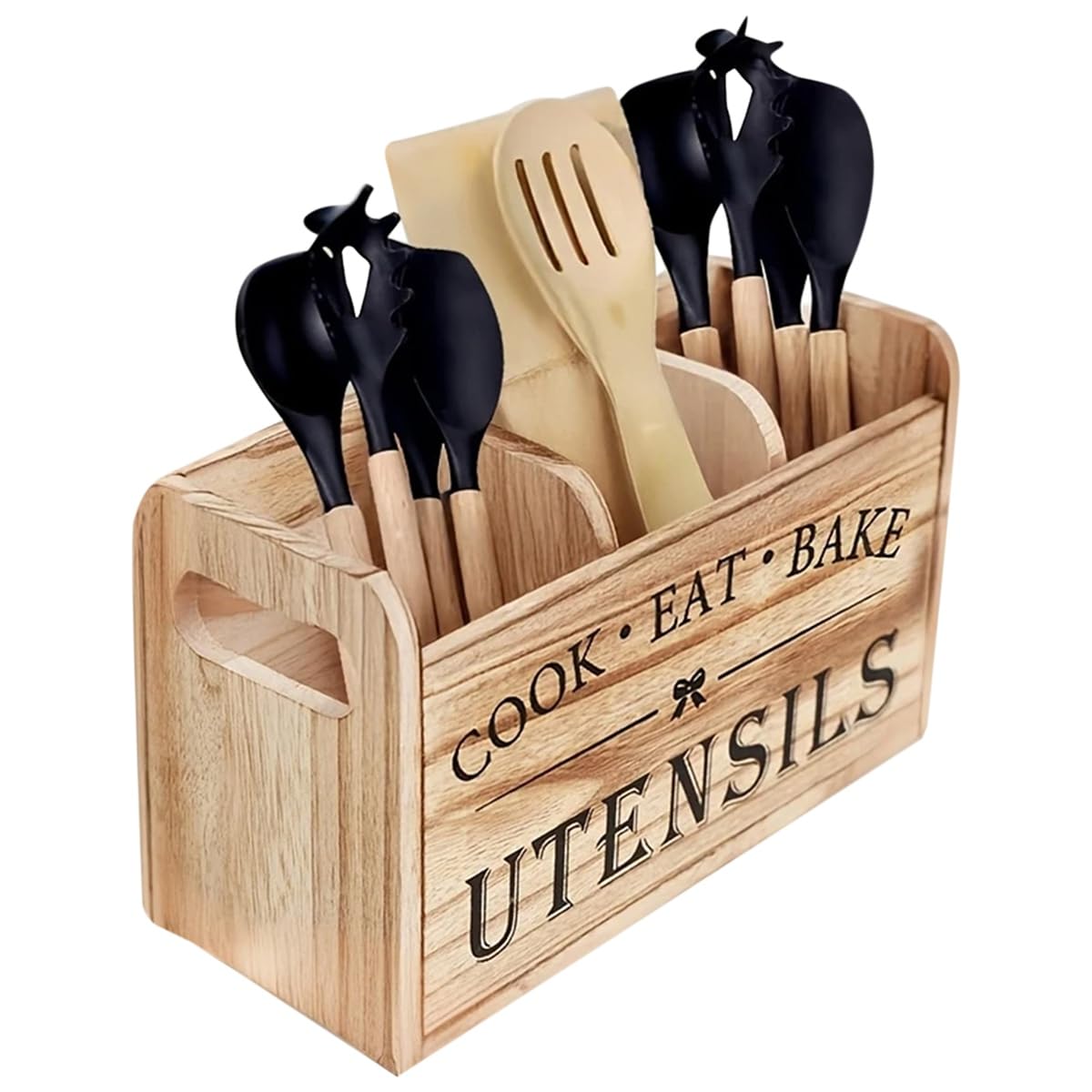 CTRLZS Kitchen Utensil Rack with Three Compartments Rustic Wooden Storage Box Vintage Tableware Farmhouse Dish Cabinet C