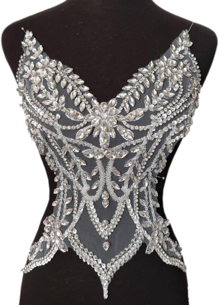 Rhinestones Beaded Bodice Applique Glass Patch Easy to use for Wedding Evening Dance Dress Decoration (White)
