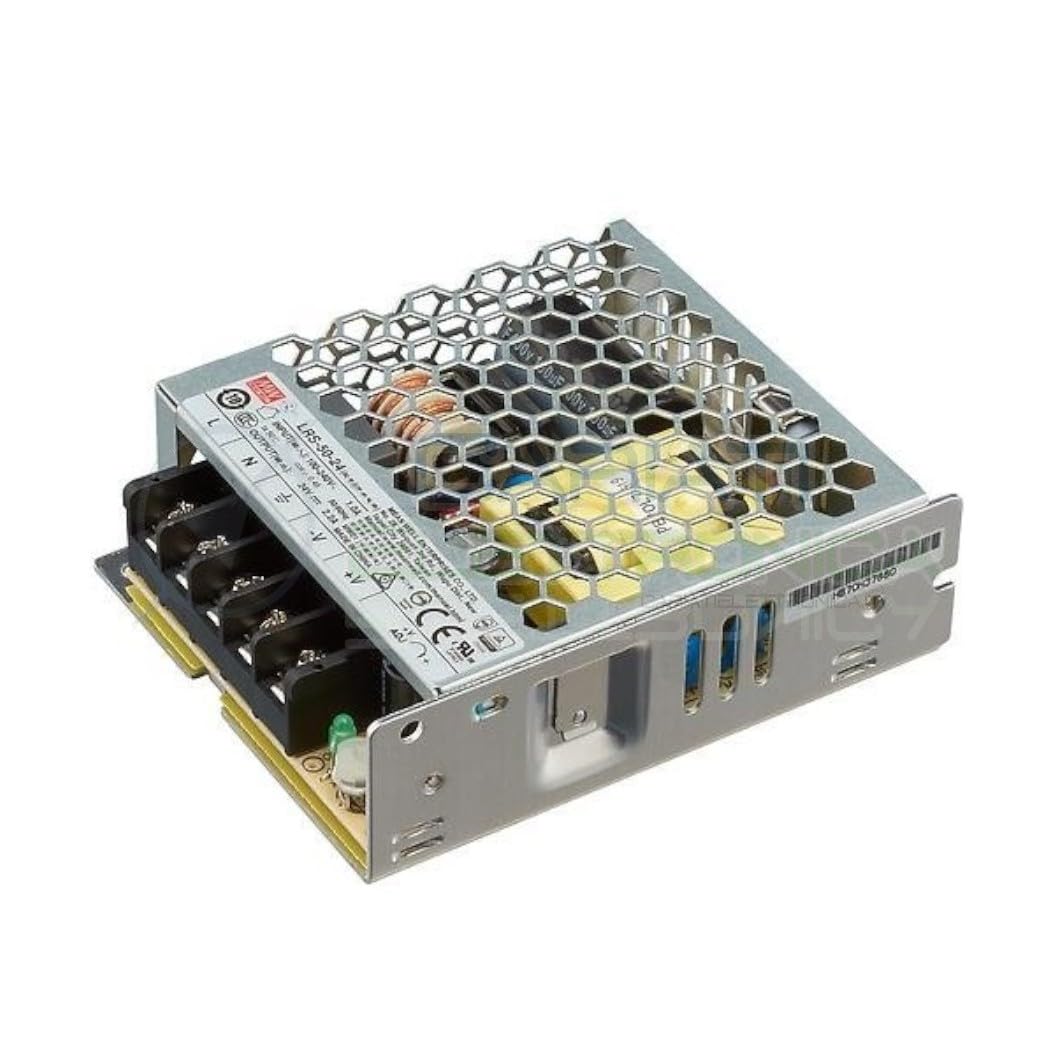 Mean Well LRS-50-24 Switching Power Supply, angled view showing side and top.