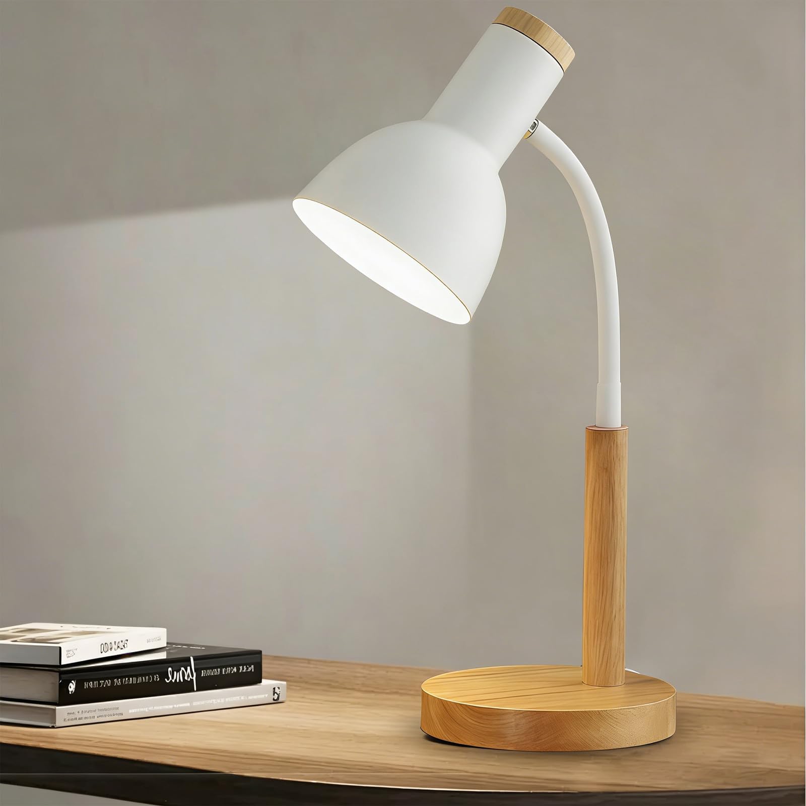 Leikurvo Lámpara de escritorio para niños, lámpara de mesa LED, lámpara de lectura E27, brazo ajustable, metal y madera, lámpara de noche de estilo nórdico para dormitorio, salón, estudio (blanco)