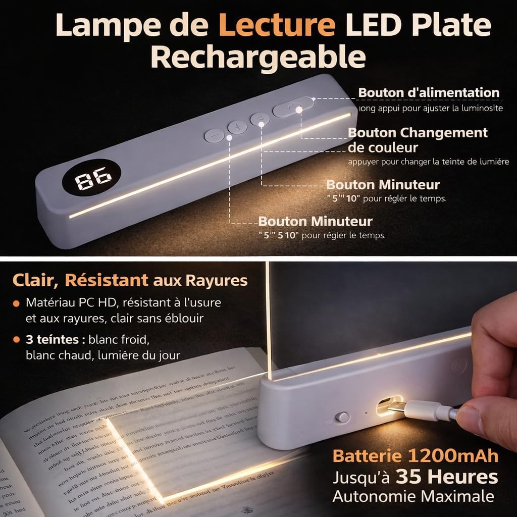 Générique Reading Lamp, Book Reading Lamp With 3 Colors And Timer, Reading Lamp Led Book Reading Lights, Adjustable Light Color And Rechargeable Function (2#)