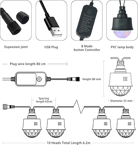 Miniatura 2 de Tira de luces de fiesta de bola de discoteca para exteriores, tira de luces extensibles para fiesta, resistente a la intemperie, inastillables,