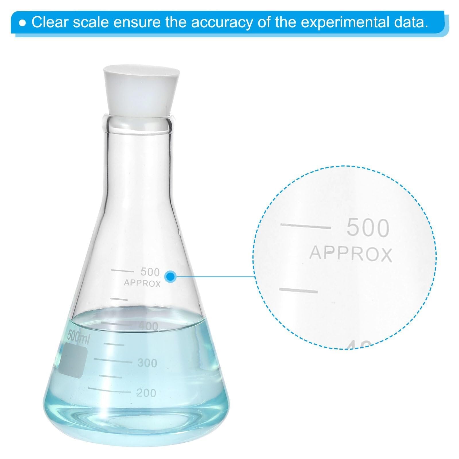 Set de Matraces de Erlenmeyer, 2 x 250ml de Boca Estrecha con Graduaciones y Tapón de Silicona para Laboratorio(1pcs,500ml/16.9oz)