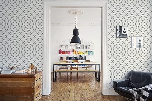 Vista 3 de Papel tapiz autoadhesivo para despegar y pegar, papel tapiz extraíble de enrejado blanco/plateado, papel de contacto geométrico moderno texturizado