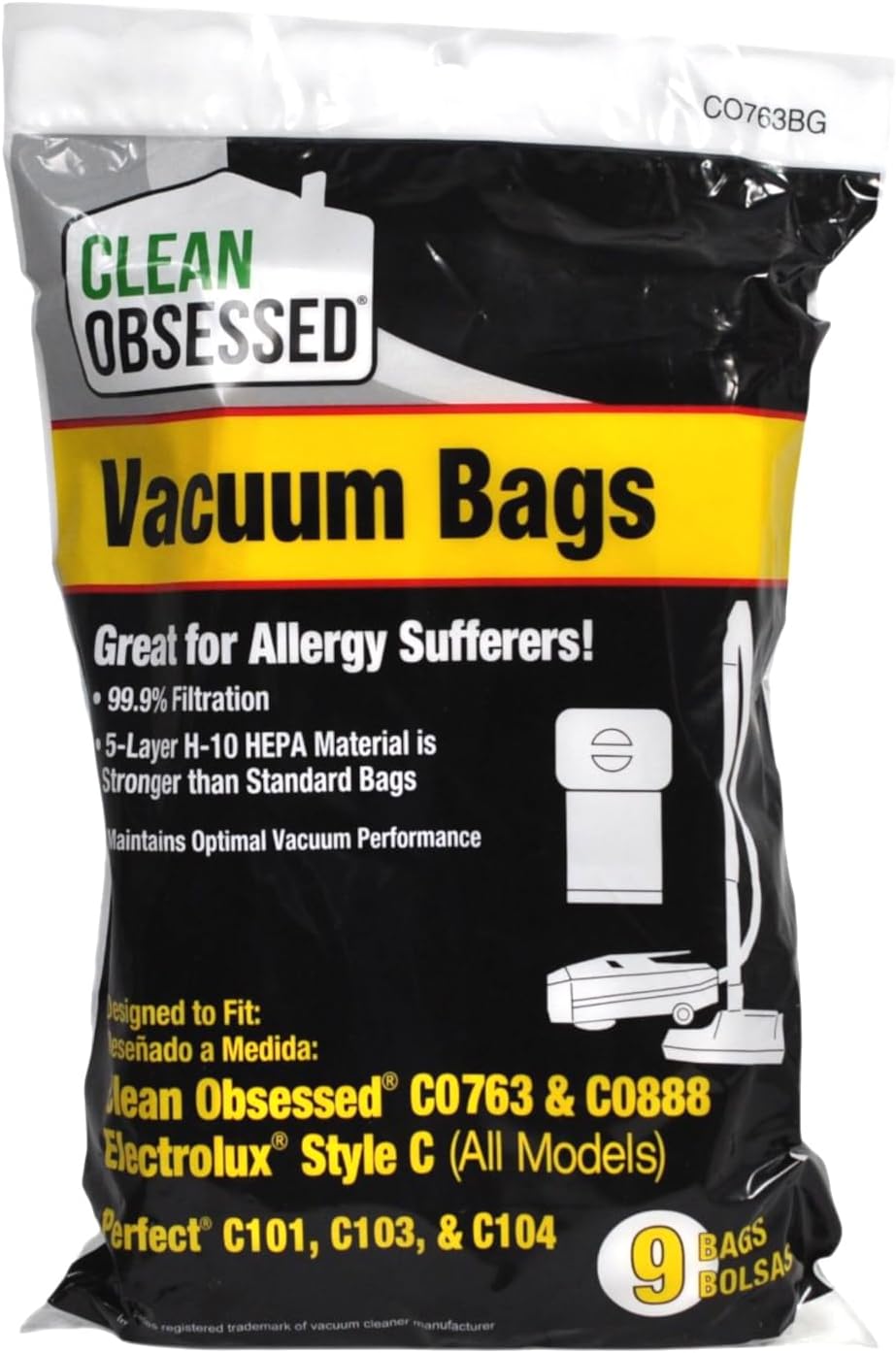 Clean Obsessed HEPA Vacuum Bags for CO763 & CO888, Perfect 101 / 103 / 104 , Electrolux Style C ~ 9 Pack ~