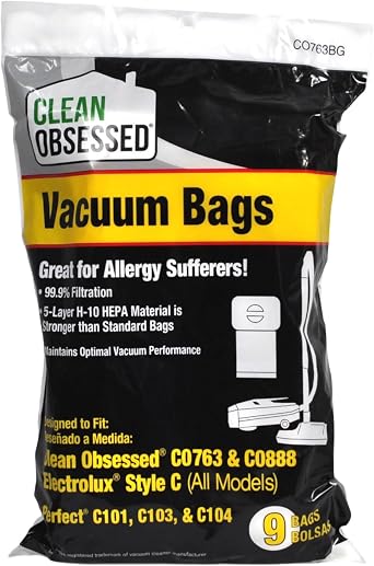 Clean Obsessed HEPA Vacuum Bags for CO763 & CO888, Perfect 101 / 103 / 104 , Electrolux Style C  9 Pack