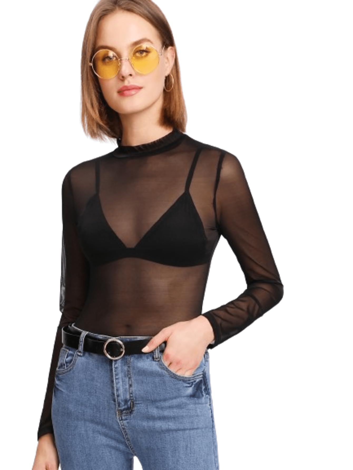 Sponsored Ad - Women's & Girl's Polyester Mesh Long Sleeve Sheer Slim Fit High Neck See-Through Top